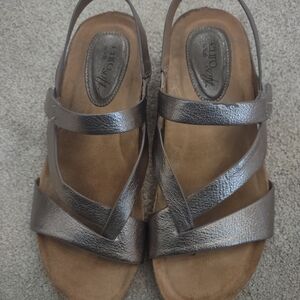 EuroSoft Pewter Sandals. Size 8. Low Wedge Heel